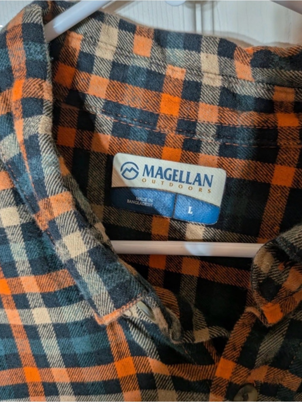 Magellan Outdoors Orange, Dark Green & Cream Plaid Button-Down Shirt